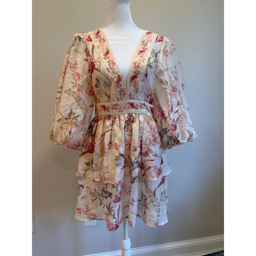 Floral Linen Blend Tiered Mini Dress Puff Sleeve Open Back Tie Pink Cream - Picture 4 of 10